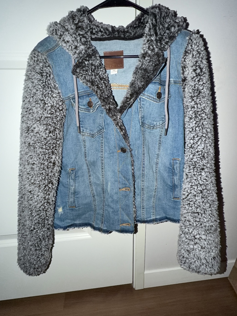 Maurices Light Blue Denim Jacket with Gray Sherpa Hood & Sleeves